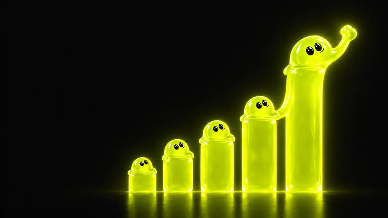 A row of Spoofys growing into a glowing bar chart, the tallest one cheering