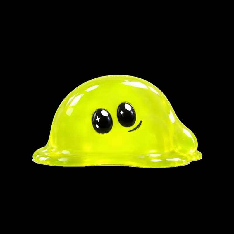 Spoofy, a little blob of neon jelly with big glossy eyes and a lopsided smile
