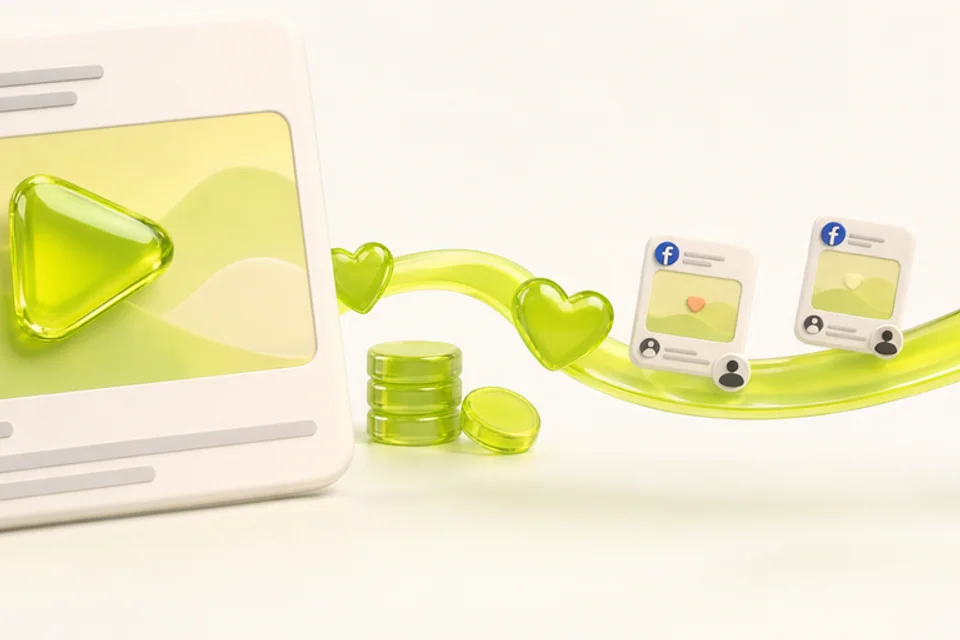 Facebook post card with a lime play button, lime coins and a curving lime arrow carrying hearts and small posts, a playful take on buy facebook photo shares