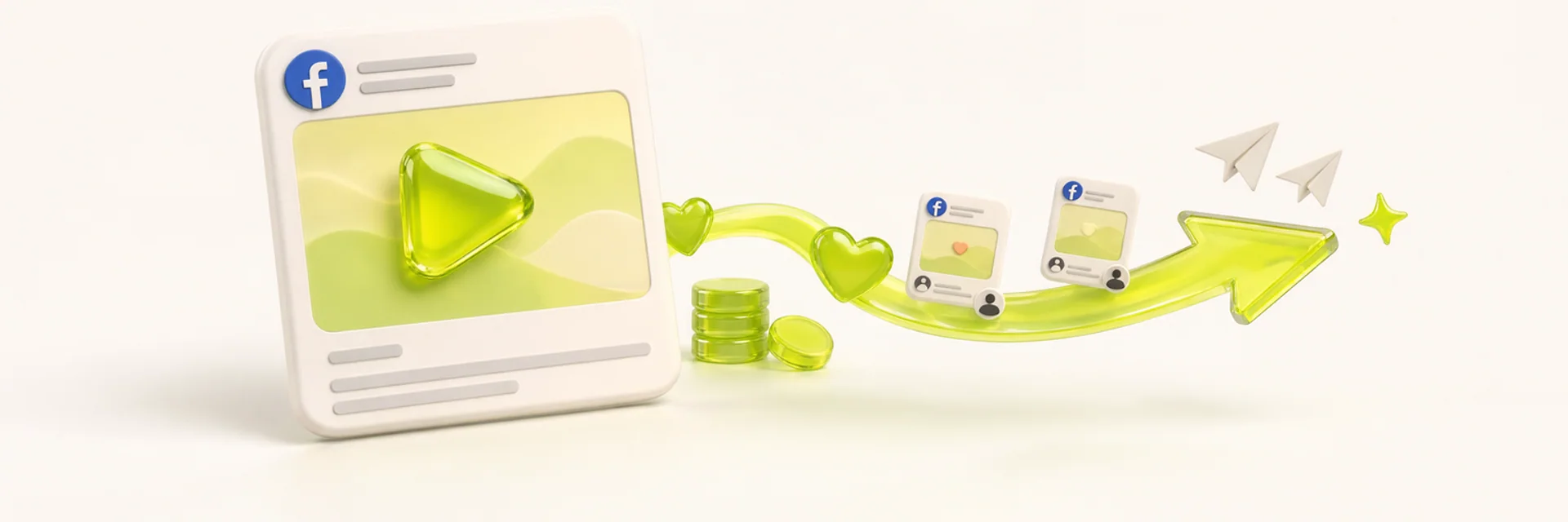 Facebook post card with a lime play button, lime coins and a curving lime arrow carrying hearts and small posts, a playful take on buy facebook photo shares