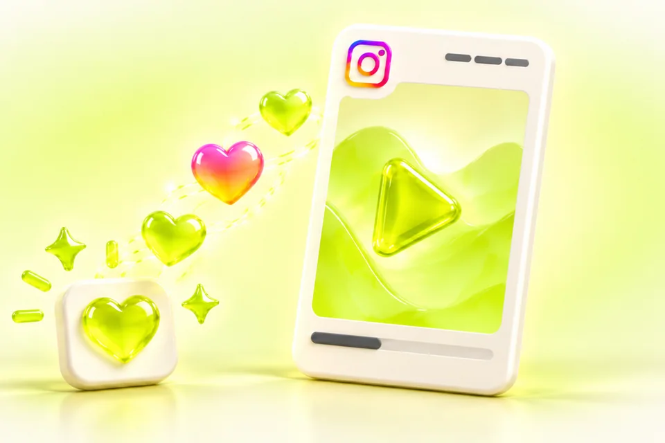 Tilted Reel card with high quality Instagram likes shown as hearts rising from a heart tile, glossy lime and ivory 3D shapes on an off-white background