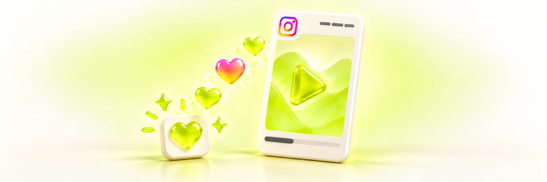 Tilted Reel card with high quality Instagram likes shown as hearts rising from a heart tile, glossy lime and ivory 3D shapes on an off-white background