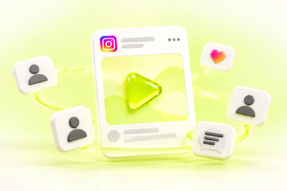 Instagram video post with profile tokens, a heart tile and a comment tile around it, illustrating high quality Instagram views in lime and ivory 3D