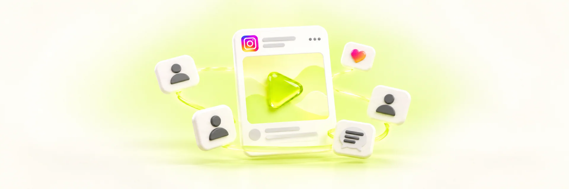 Instagram video post with profile tokens, a heart tile and a comment tile around it, illustrating high quality Instagram views in lime and ivory 3D