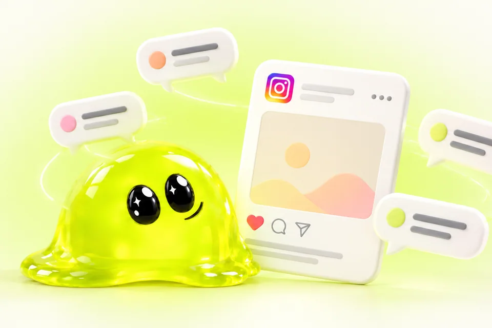 Instagram post card with four comment bubbles and thin lime arcs beside the Spoofy mascot, a 3D take on how to get more comments on Instagram