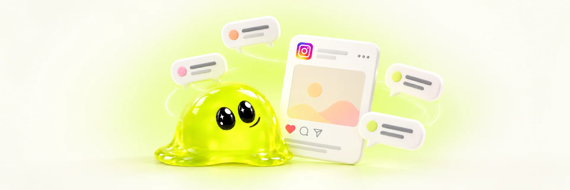 Instagram post card with four comment bubbles and thin lime arcs beside the Spoofy mascot, a 3D take on how to get more comments on Instagram