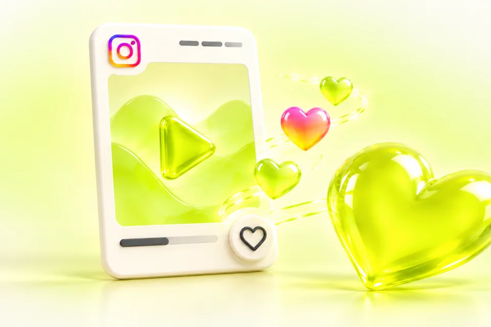 How to get more likes on Instagram Reels: a Reel card with a heart button, one large glossy lime heart and small hearts on an off-white background