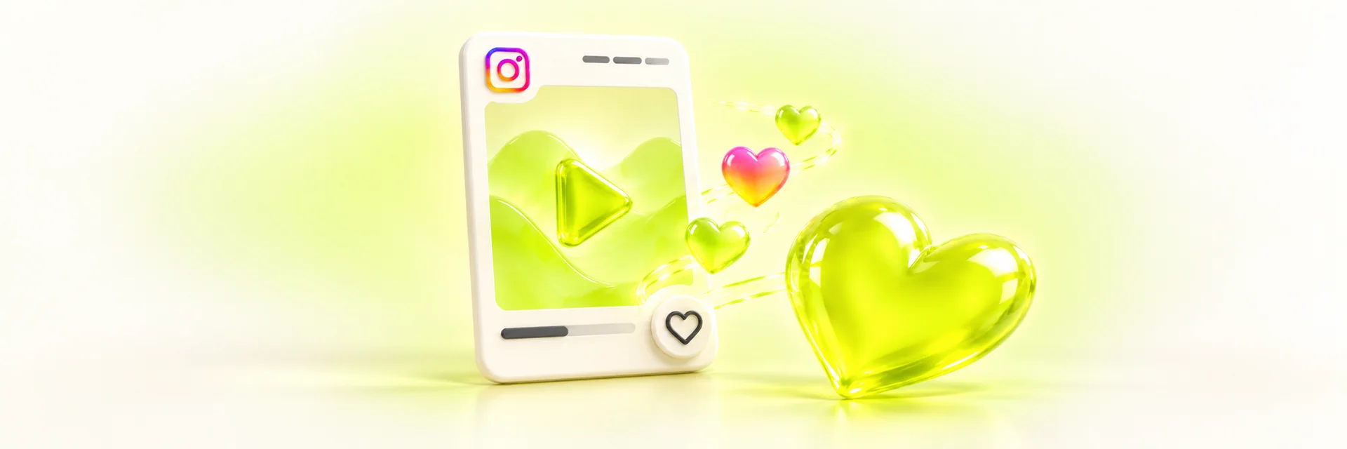How to get more likes on Instagram Reels: a Reel card with a heart button, one large glossy lime heart and small hearts on an off-white background