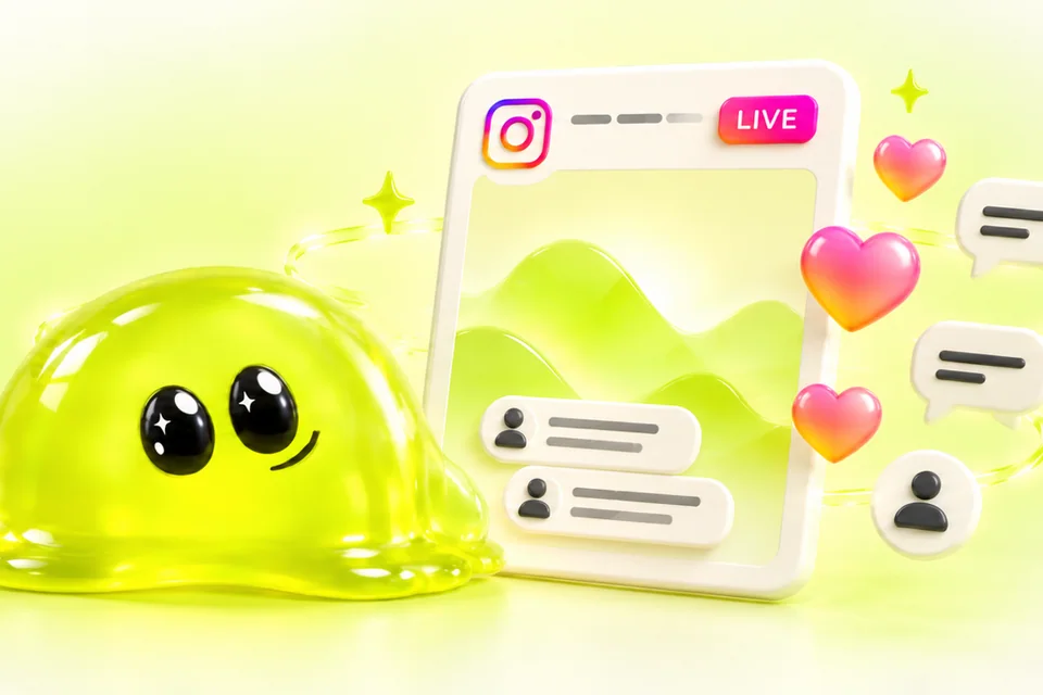 Instagram Live screen with a LIVE badge, floating hearts, chat bubbles and the Spoofy mascot, illustrating how to get more viewers on Instagram Live