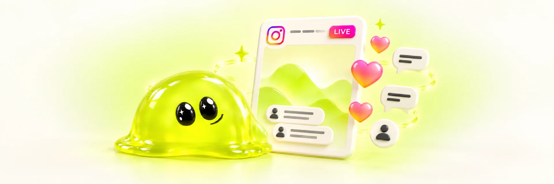 Instagram Live screen with a LIVE badge, floating hearts, chat bubbles and the Spoofy mascot, illustrating how to get more viewers on Instagram Live