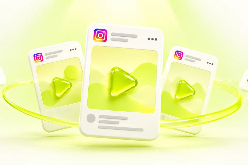 Three Reel cards fanned out with a glowing lime ring, two eye tiles and light from above, showing how to get more views on Instagram Reels