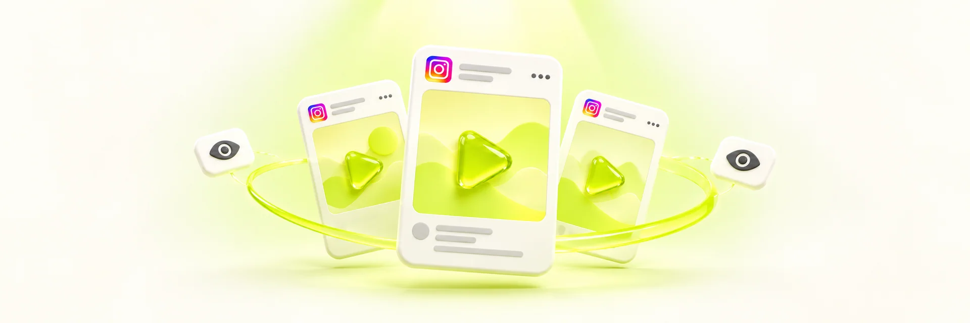 Three Reel cards fanned out with a glowing lime ring, two eye tiles and light from above, showing how to get more views on Instagram Reels