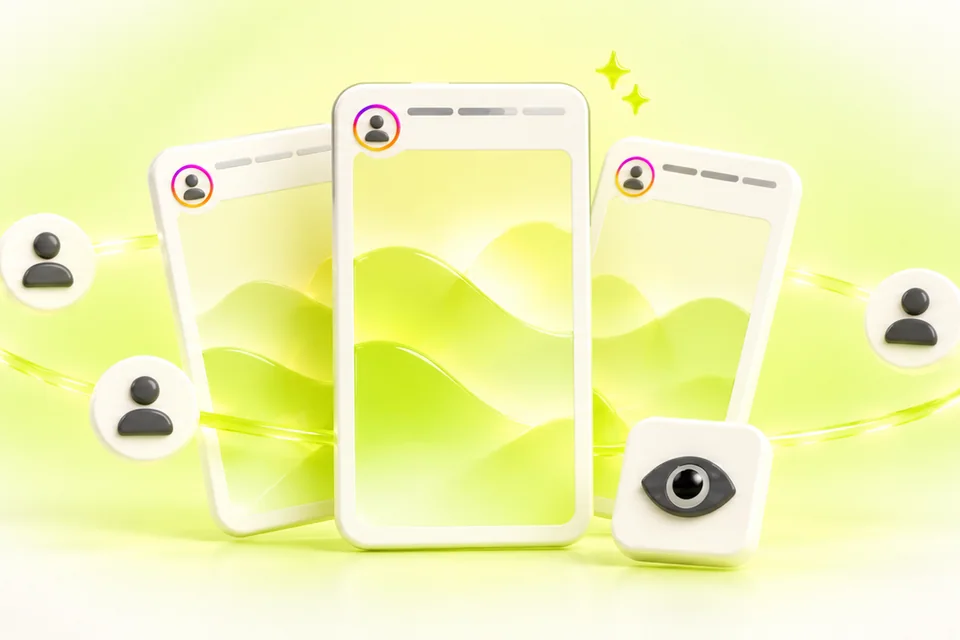 Three tall Story panels with profile rings and audience profile tokens in lime and ivory 3D on off-white, showing how to get more views on Instagram Stories