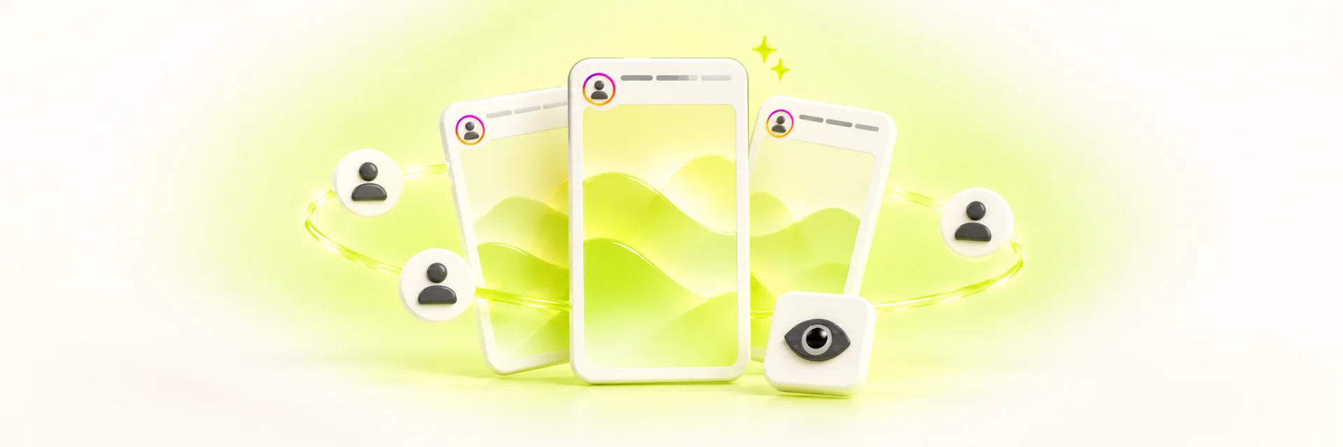 Three tall Story panels with profile rings and audience profile tokens in lime and ivory 3D on off-white, showing how to get more views on Instagram Stories