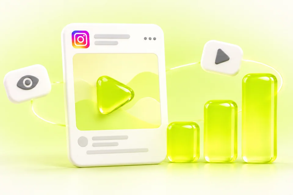 3D Instagram video post with a lime play button, rising lime bars and an eye tile on off-white, illustrating how to get more views on Instagram videos