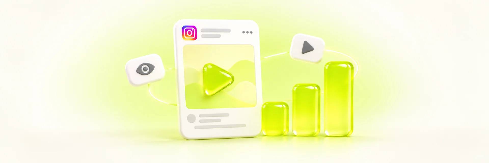 3D Instagram video post with a lime play button, rising lime bars and an eye tile on off-white, illustrating how to get more views on Instagram videos