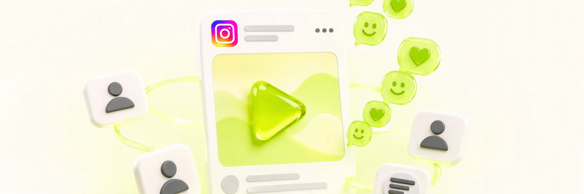 An Instagram video post with a trail of lime heart and smile reaction bubbles rising beside it, a banner for buy instagram emoji comments