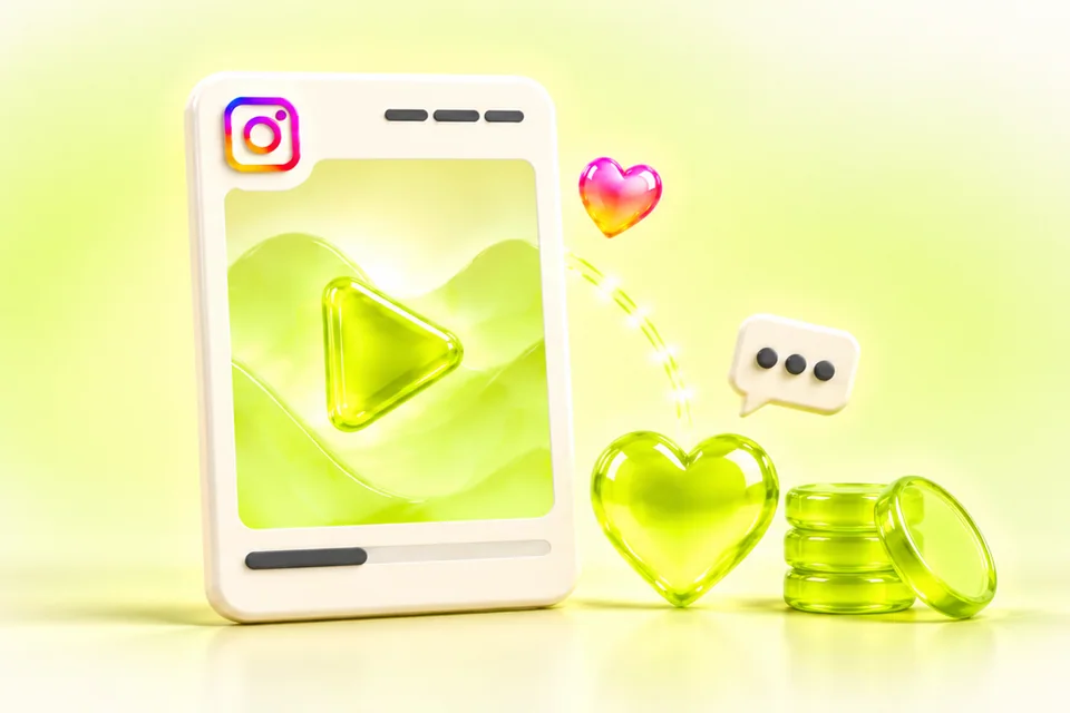 Reel card with a lime heart beside a small stack of lime coins for Instagram likes on a budget, in glossy lime and ivory 3D shapes on off-white