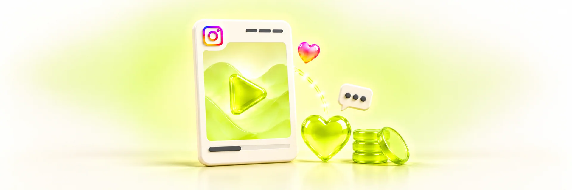 Reel card with a lime heart beside a small stack of lime coins for Instagram likes on a budget, in glossy lime and ivory 3D shapes on off-white