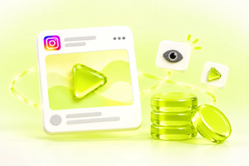 Instagram video post beside a small stack of unmarked lime coins, eye and play tiles, and a sparkle on off-white, evoking Instagram views on a budget