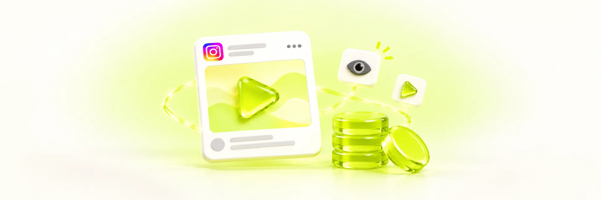 Instagram video post beside a small stack of unmarked lime coins, eye and play tiles, and a sparkle on off-white, evoking Instagram views on a budget