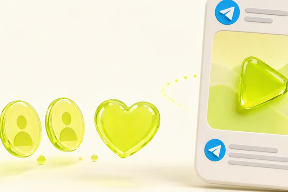 Glossy lime member tokens step toward an ivory Telegram channel card with a play button, a welcoming scene for buy telegram channel members