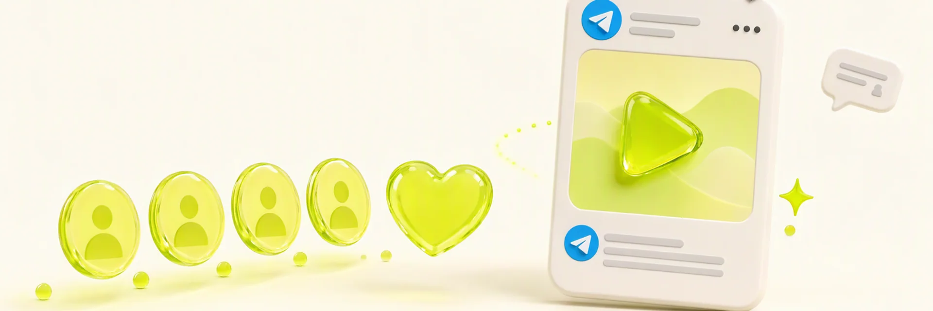 Glossy lime member tokens step toward an ivory Telegram channel card with a play button, a welcoming scene for buy telegram channel members