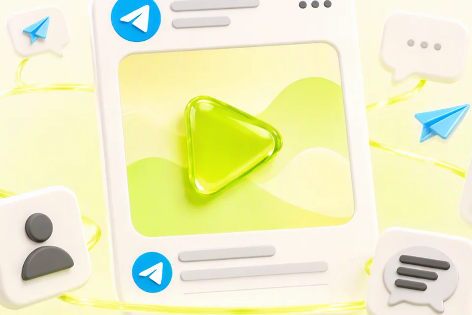 Telegram channel post with a lime play button, member avatars and paper planes around it, a banner for buy telegram group members