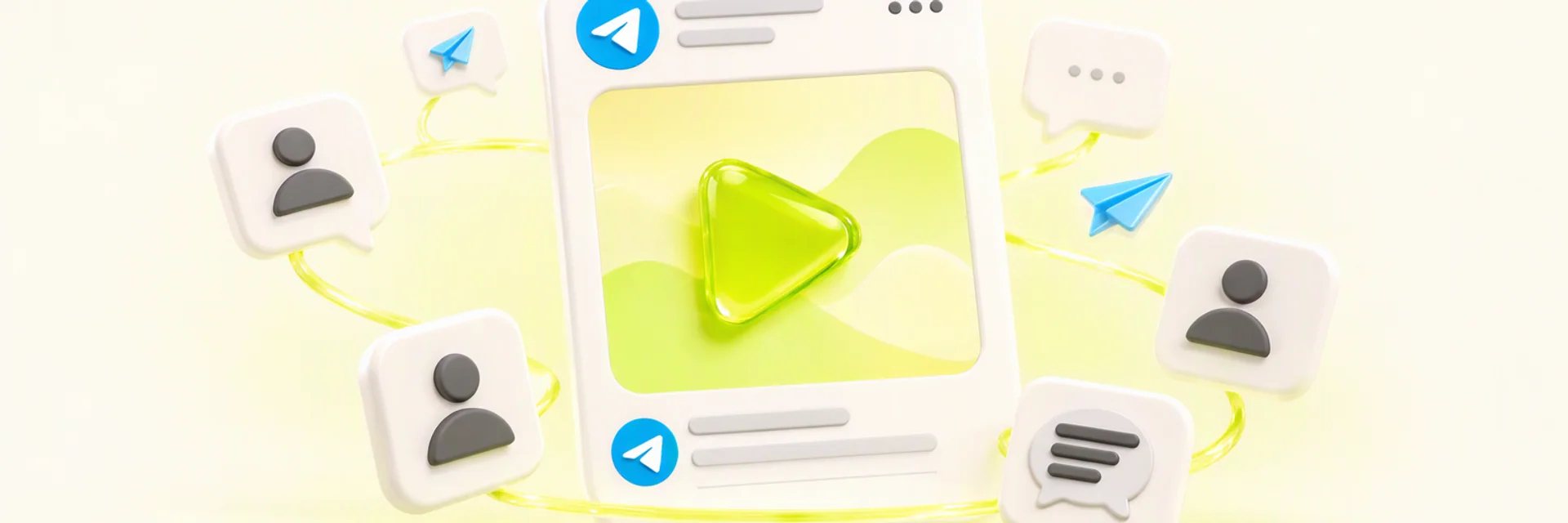 Telegram channel post with a lime play button, member avatars and paper planes around it, a banner for buy telegram group members